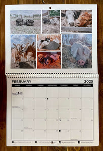 Calendar open to February with a collage of photographs of farm animals.