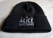 Load image into Gallery viewer, Black knitted cuff toque with the words,&quot;The Alice Sanctuary,&quot; embroidered on the front.
