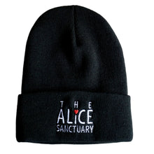 Load image into Gallery viewer, TAS Black knitted cuff toque with the words,&quot;The Alice Sanctuary,&quot; embroidered on the front.
