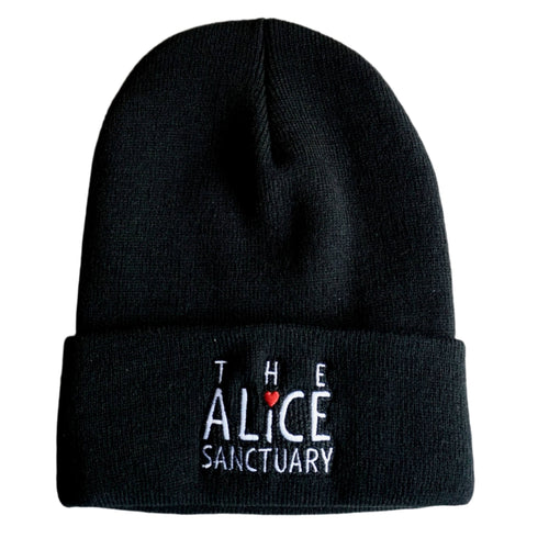 Black knitted cuff toque with the words,