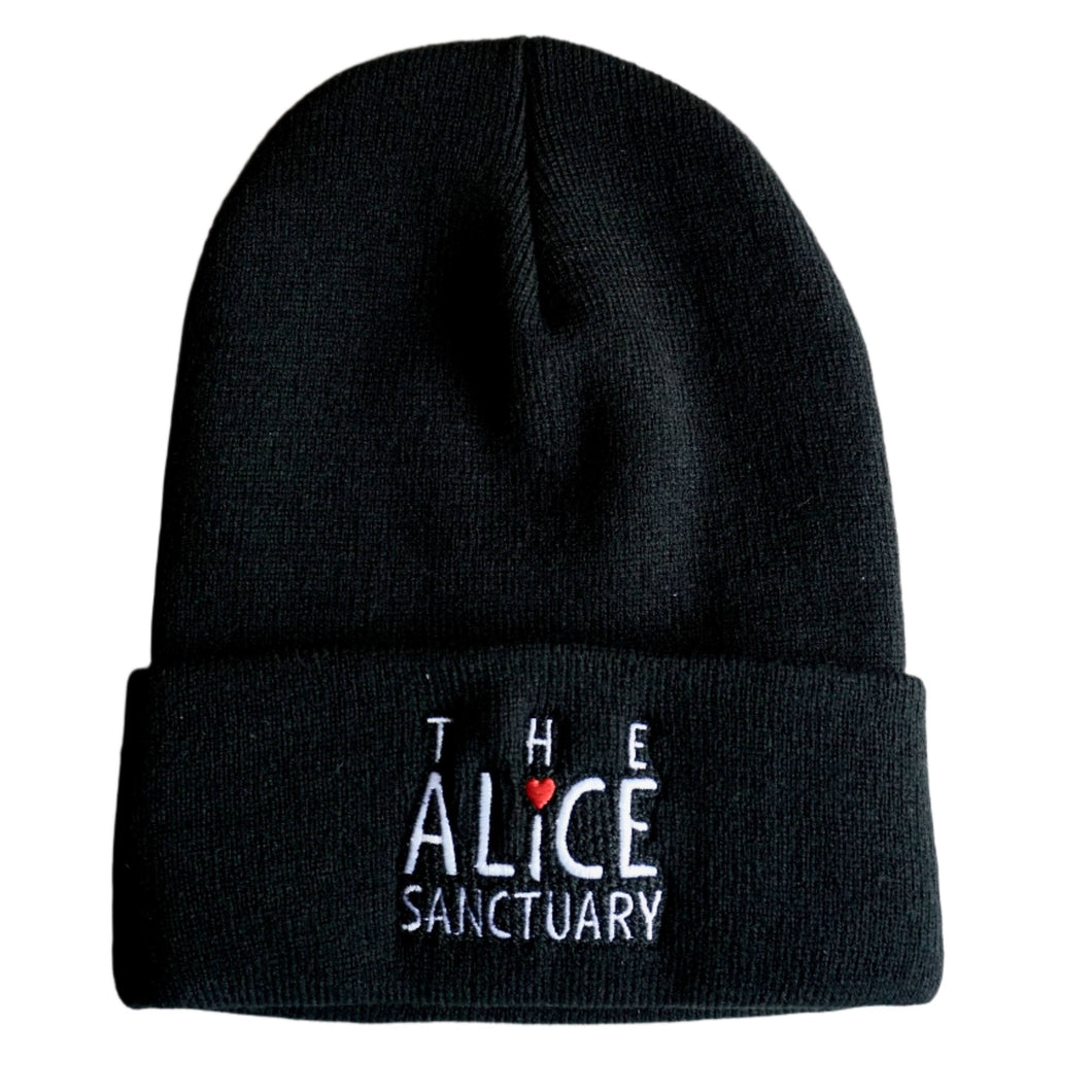 TAS Black knitted cuff toque with the words,