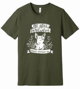 Dark green t-shirt with the words "The Alice Sanctuary - kindness, compassion, love" printed above a drawing of a pig.